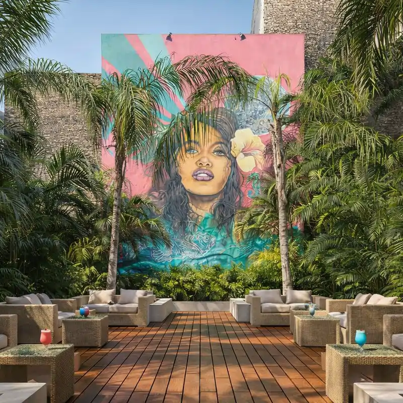 Patio tropical con muebles de mimbre, palmeras y un gran mural artístico de una mujer al fondo.