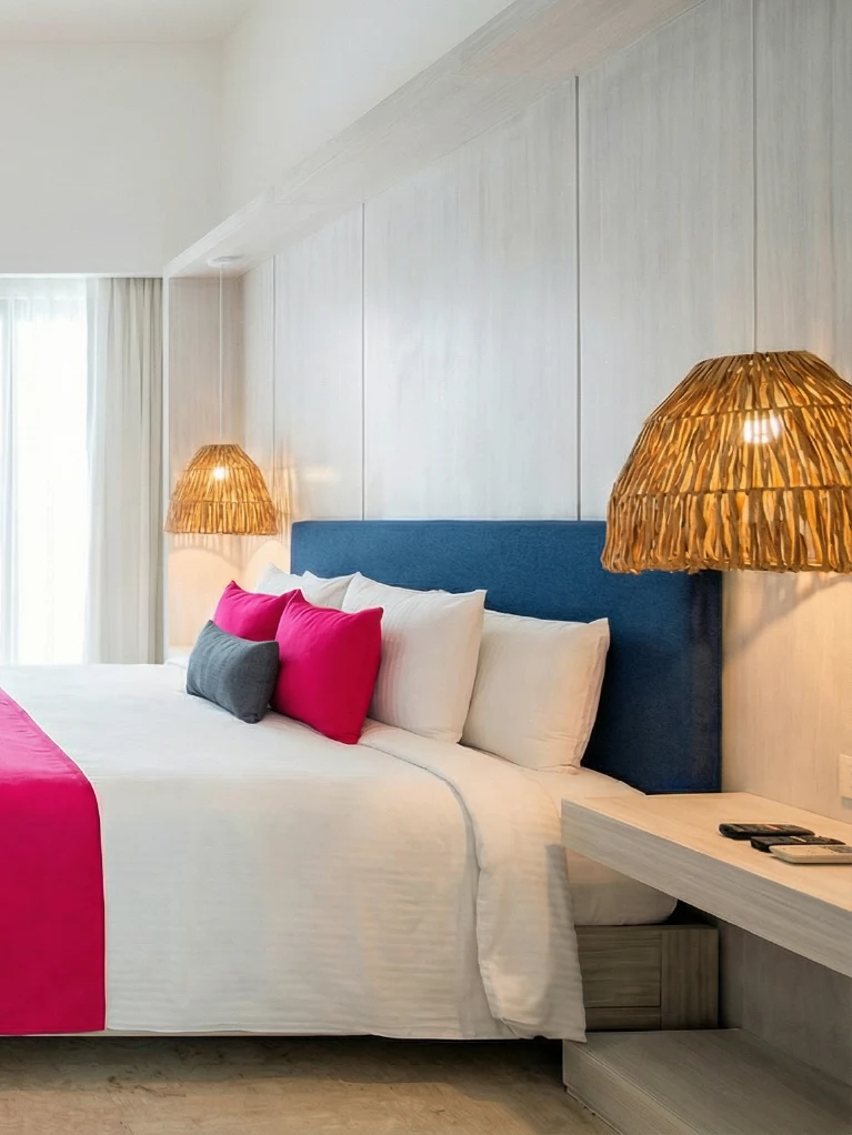 Habitación de hotel moderna con cama blanca, cojines rosas, lámparas de mimbre y televisión.
